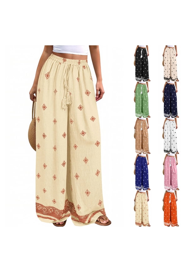 Women Plus Size Pants Wide Leg Palazzo 2026 Summer Boho Trousers Spring Flowy Beach Vacation Wear, #02 Yellow, XXL