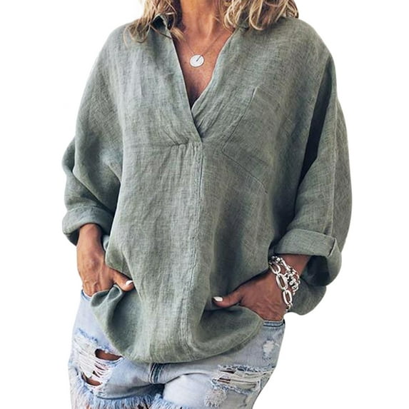 Women Plus Size Peasant V Neck Blouses Roll Up Long Sleeve Baggy Oversized Casual Loose Tops Summer Party Shirt