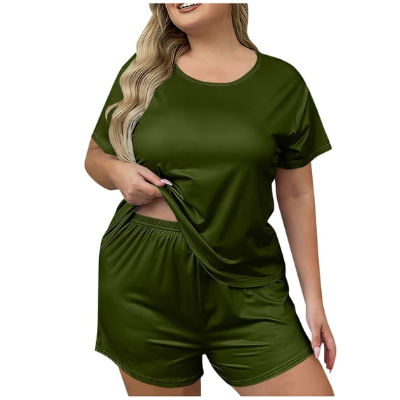 Women Plus Size Pjs Set Soft Loungewear 2 Piece Pajamas Short Sleeve Top & Elastic Waist Shorts Home Sleepwear (3XL, Army Green)