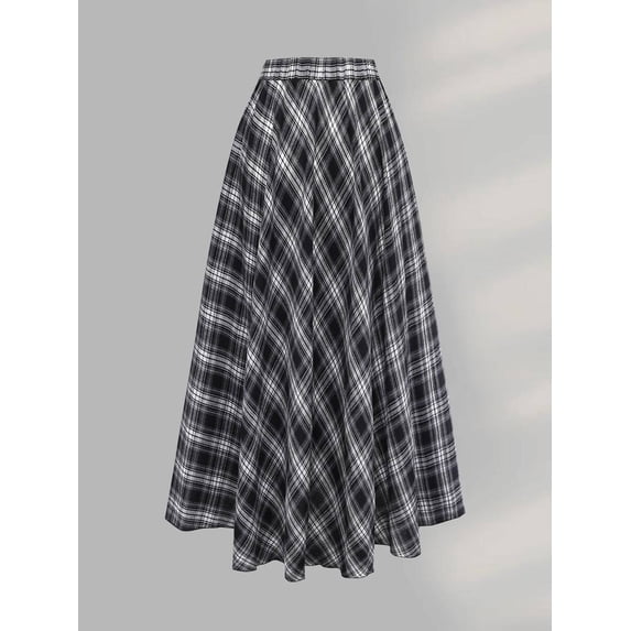 Women Plus Size Plaid Print Long Skirt, Elastic Waist Full Swing Maxi Skirt, Elegant Casual Skirt for Daily and Special Occasions