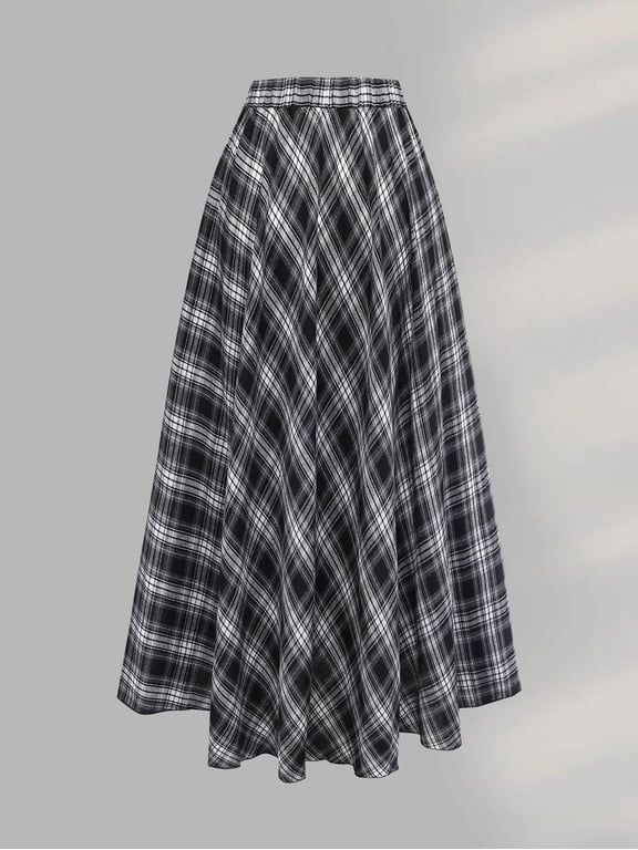 Women Plus Size Plaid Print Long Skirt, Elastic Waist Full Swing Maxi Skirt, Elegant Casual Skirt for Daily and Special Occasions