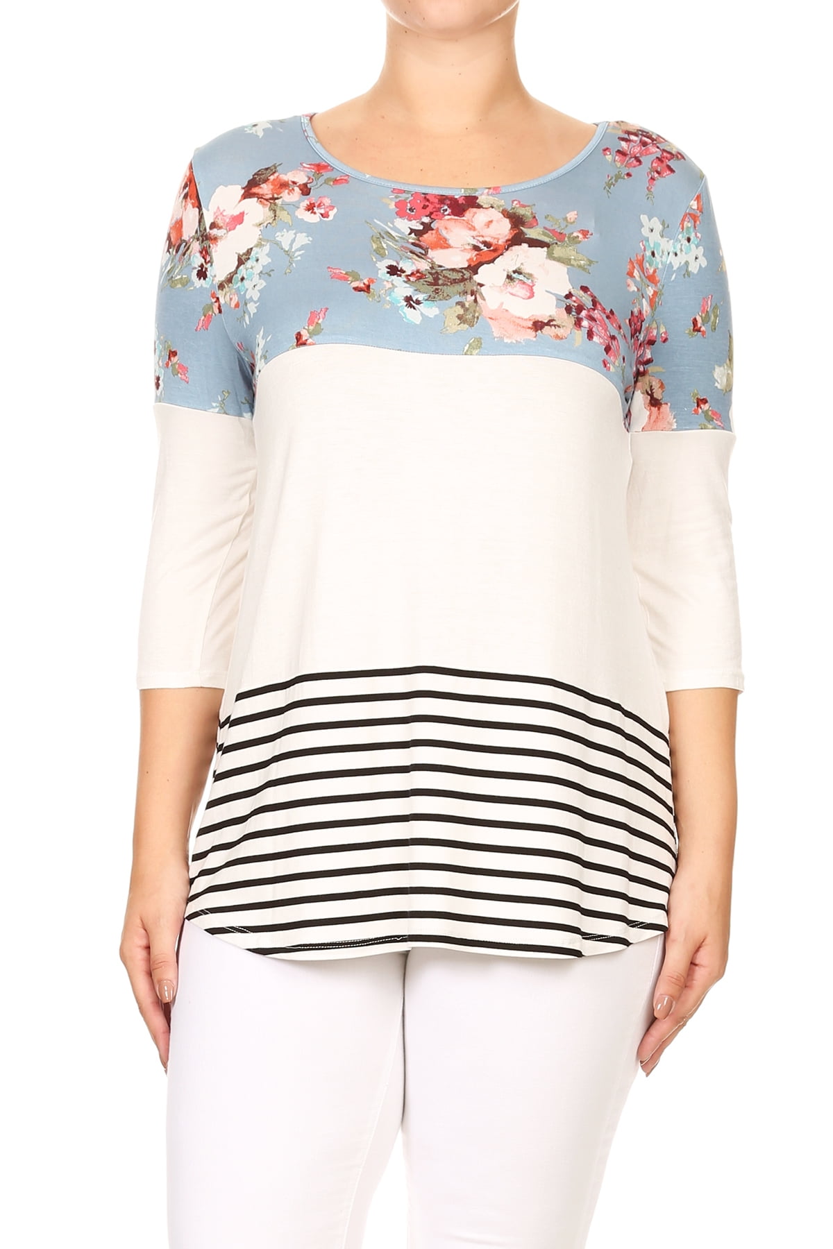 Women Plus Size Print Solid Striped Block Long Body TShirt Blue XL MU