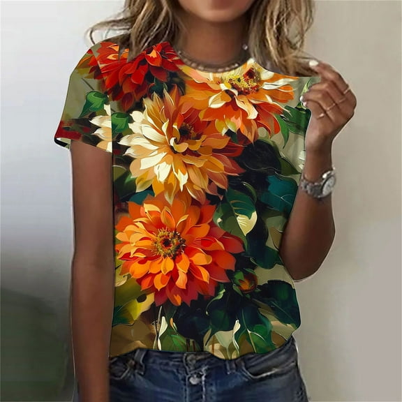 Women Plus Size Print Tees Short Sleeve Round Neck T Shirt Blouse