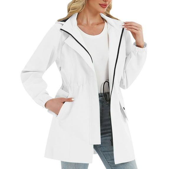 Women Plus Size Raincoat Lightweight Waterproof Rain Jacket Travel Hooded Trench Coat Detachable Hooded Windbreaker White XL