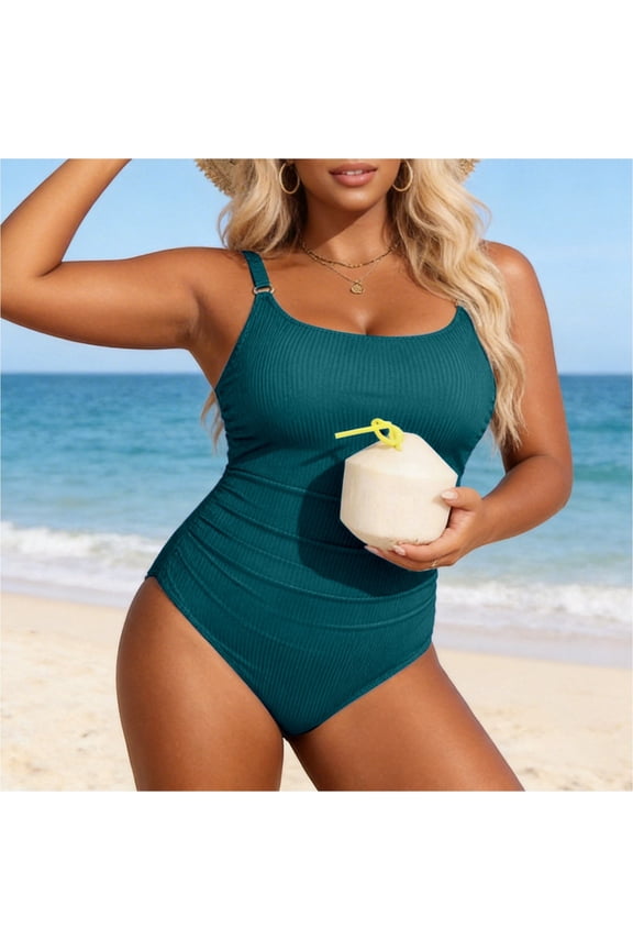 Women Plus Size Relaxed Fit Pleated One Piece Swimsuit Ribbed Fabric Tummy Control High Stretch Quick Dry Comfortable Beach Pool Bathing Monokini Dark Green 14