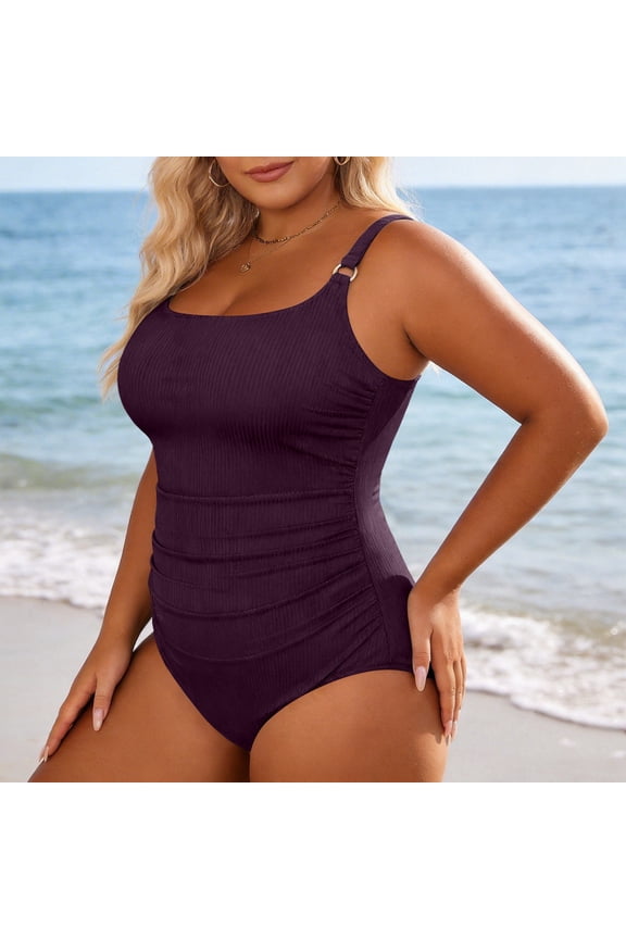 Women Plus Size Relaxed Fit Pleated One Piece Swimsuit Ribbed Fabric Tummy Control High Stretch Quick Dry Comfortable Beach Pool Bathing Monokini 24