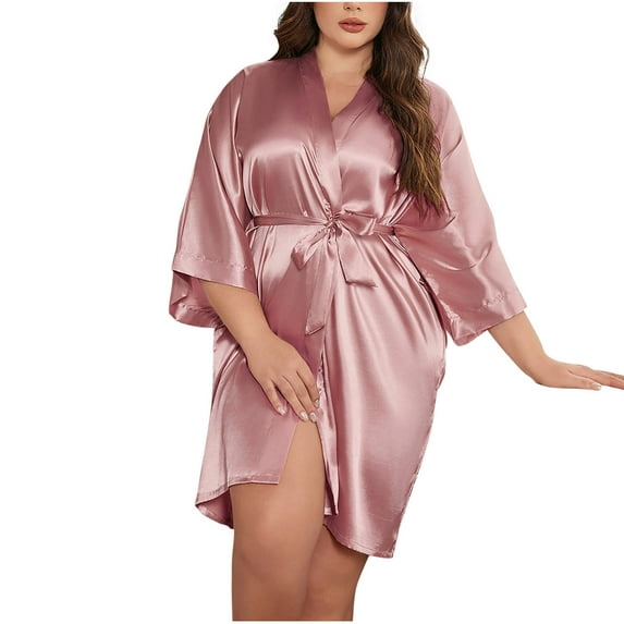 Women Plus Size Robe Silk Satin 3/4 Sleeves Kimono Bathrobe with Belt, Bridal Wedding Party Robe