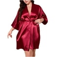 thumbnail image 1 of Women Plus Size Robe Silk Satin 3/4 Sleeves Kimono Bathrobe with Belt, Bridal Wedding Party Robe, 1 of 6