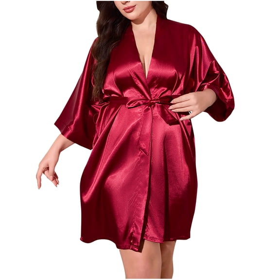 Women Plus Size Robe Silk Satin 3/4 Sleeves Kimono Bathrobe with Belt, Bridal Wedding Party Robe