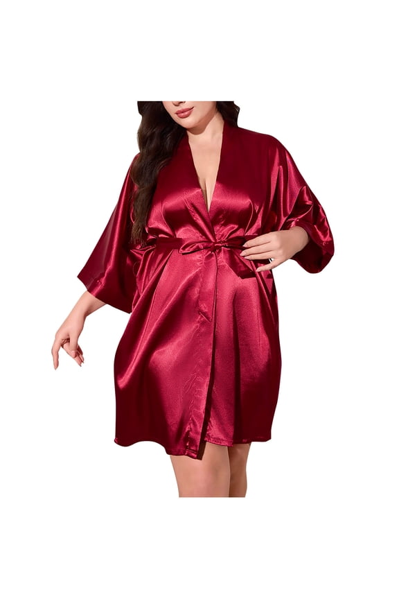 Women Plus Size Robe Silk Satin 3/4 Sleeves Kimono Bathrobe with Belt, Bridal Wedding Party Robe