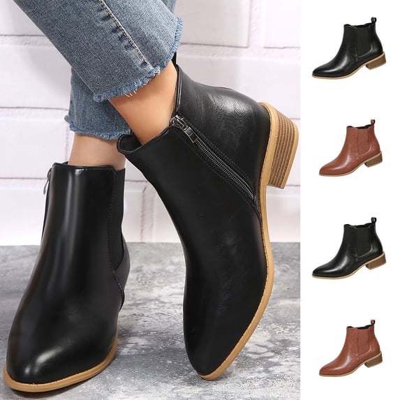 Women Plus Size Round Toe Low Block Heel Ankle Boots Side Zipper Short Booties Daily Casual Shoes Brown 9.5(43)