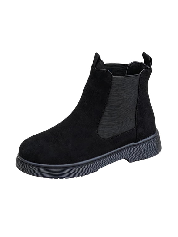 Women Plus Size Round Toe Slip on Chelsea Ankle Boots Thick Platform Mid Block Heel Faux Leather Fall Winter Casual Short Booties Black 5.5(36)