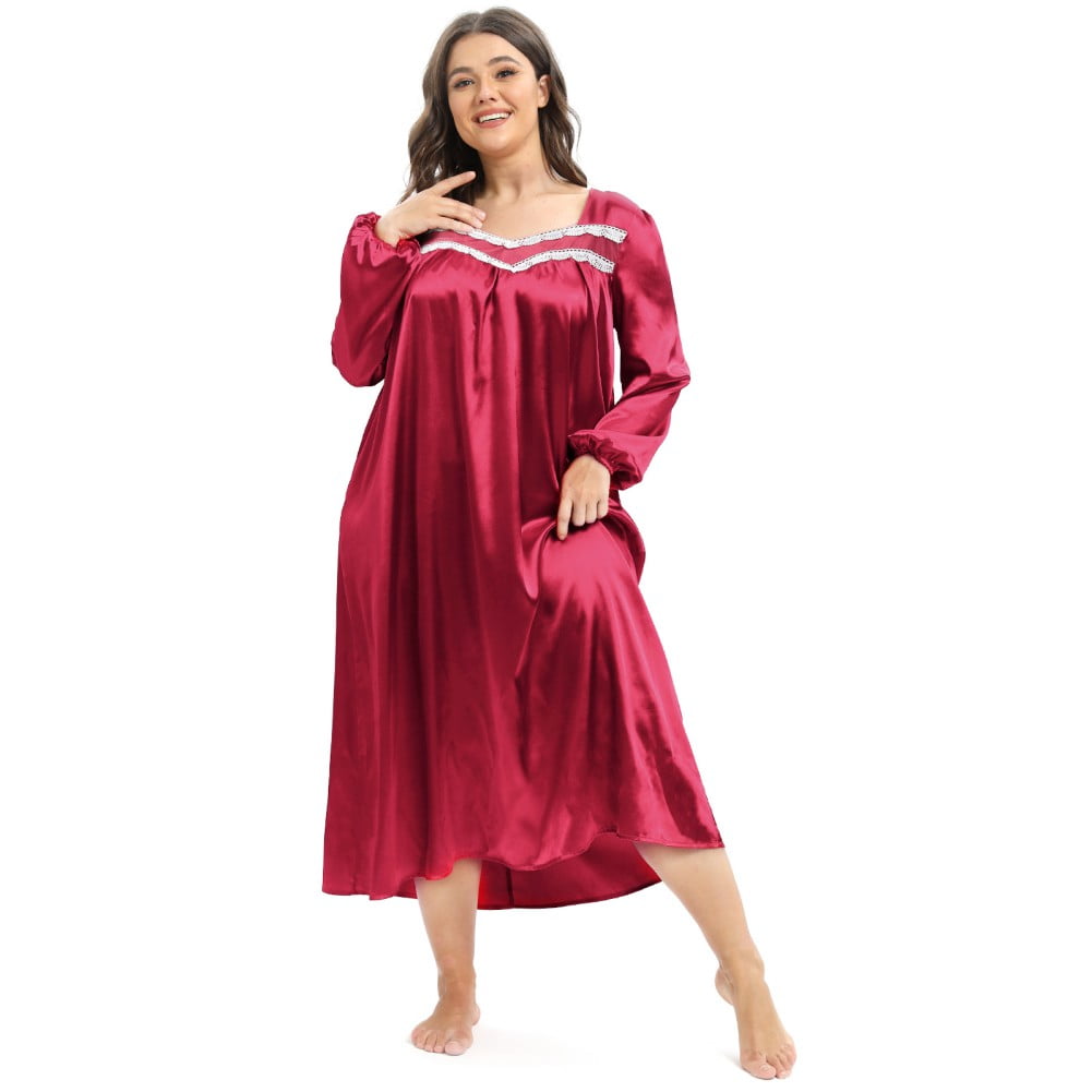 Women Plus Size Satin Nightgown Long Sleeve Lace Trim Lightweight Pajama Full Length Sleepwear