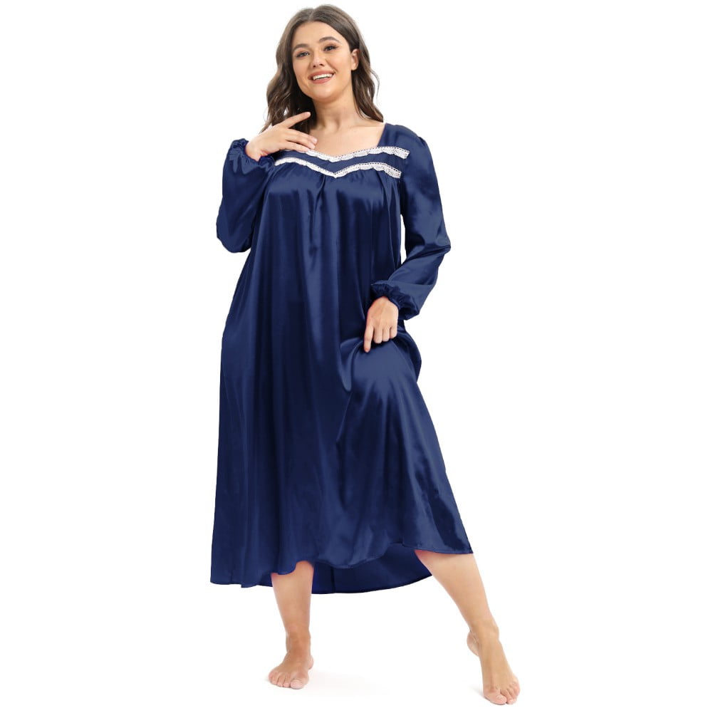 Women Plus Size Satin Nightgown Long Sleeve Lace Trim Lightweight ...