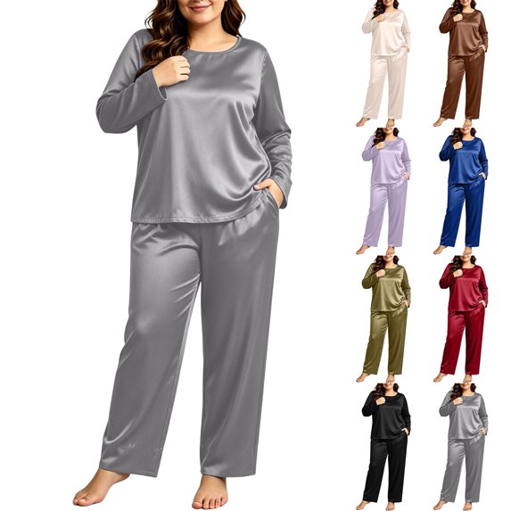 Women Plus Size Satin Pajama Set Sevevn Long Sleeve Crew Neck Top Wide Leg Pants Soft Sleep Loungewear For Daily Home Use
