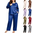 thumbnail image 1 of Women Plus Size Satin Pajama Set Sevevn Long Sleeve Crew Neck Top Wide Leg Pants Soft Sleep Loungewear For Daily Home Use, 1 of 9