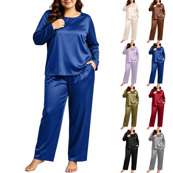 Women Plus Size Satin Pajama Set Sevevn Long Sleeve Crew Neck Top Wide Leg Pants Soft Sleep Loungewear For Daily Home Use