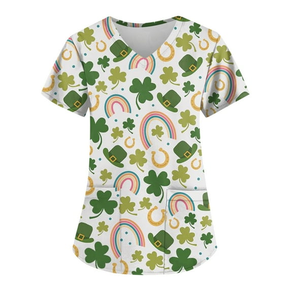 Women Plus Size Scrubs St Patrick's Day Character Ydkzymd Uniform Print Short Sleeve Scrub Tops V Neck Graphic Nursing Workwear Clover Green Luck Shirts Light Green 2XL