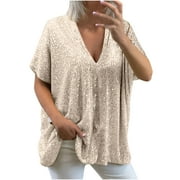 NARHBRG Women Plus Size Sequin Tee, Sparkly Oversized Party Shimmer Blouses, Loose Fit Dressy Casual V-Neck Tunic T Shirts