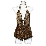 WESRACIA Women Plus Size Sexy Lingerie Bow Lace Trim Leopard Romper Bodysuit Underwear