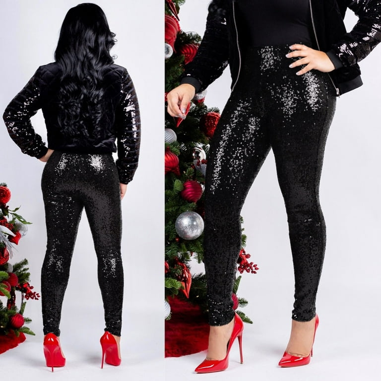 Women Plus Size Shiny Sequin Slim Leggings Pants Ladies Sexy Clubwear  Trousers Note Please Buy One Or Two Sizes Larger 