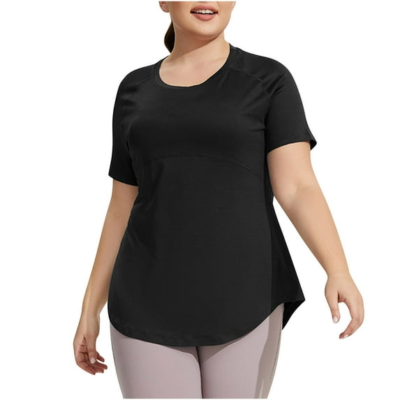 Women Plus Size Shirts Quick-drying Workout T-Shirt Tops Short Sleeve Crewneck Stretch Comfy Yoga Sport Tees Shirt Black 4X-Large