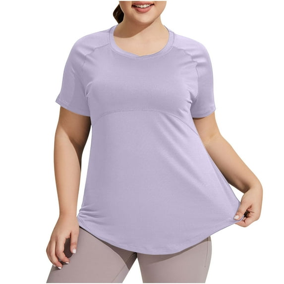 Women Plus Size Shirts Quick-drying Workout T-Shirt Tops Short Sleeve Crewneck Stretch Comfy Yoga Sport Tees Shirt Purple X-Large
