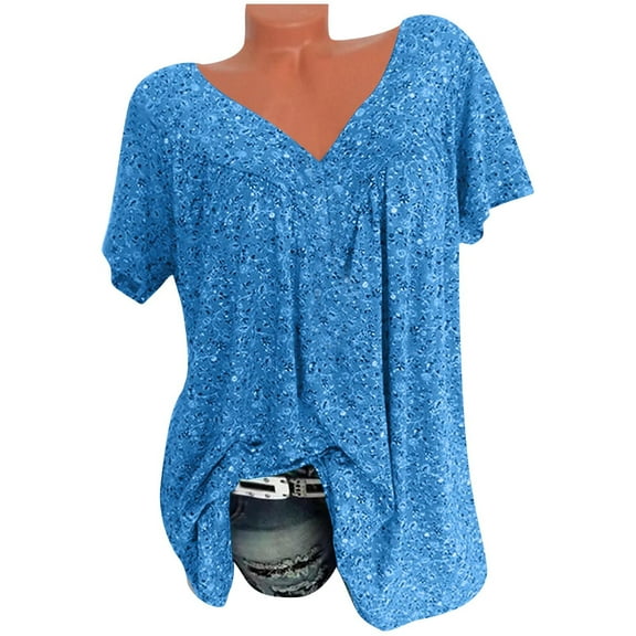 Women Plus Size Shirts Short Sleeve V-Neck Print Blouse Pullover Tops