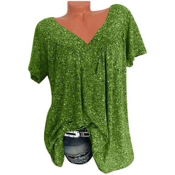 Women Plus Size Shirts Short Sleeve V-Neck Print Blouse Pullover Tops