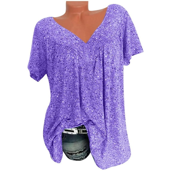 Women Plus Size Shirts Short Sleeve V-Neck Print Blouse Pullover Tops