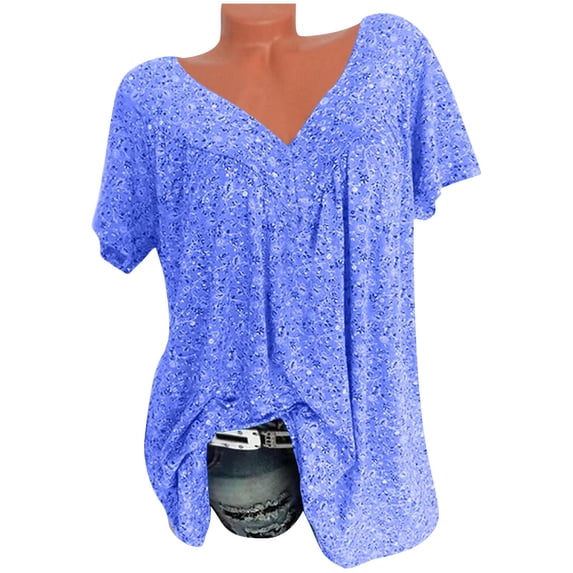 Women Plus Size Shirts Short Sleeve V-Neck Print Blouse Pullover Tops