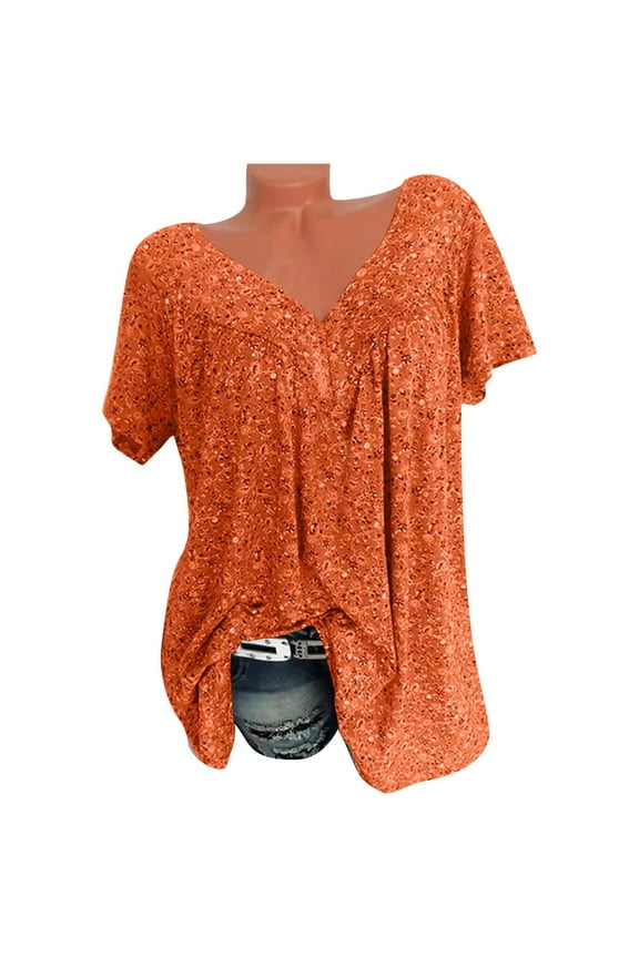 Women Plus Size Shirts Short Sleeve V-Neck Print Blouse Pullover Tops