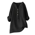 thumbnail image 1 of Women Plus Size Shirts Solid Color Stand Up Collar Button Cotton Long Sleeved Shirt Tops, Oversized V Neck T Shirts for Women Black XXL, 1 of 3
