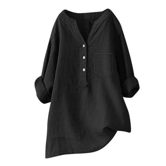 Women Plus Size Shirts Solid Color Stand Up Collar Button Cotton Long Sleeved Shirt Tops, Oversized V Neck T Shirts for Women Black XXL