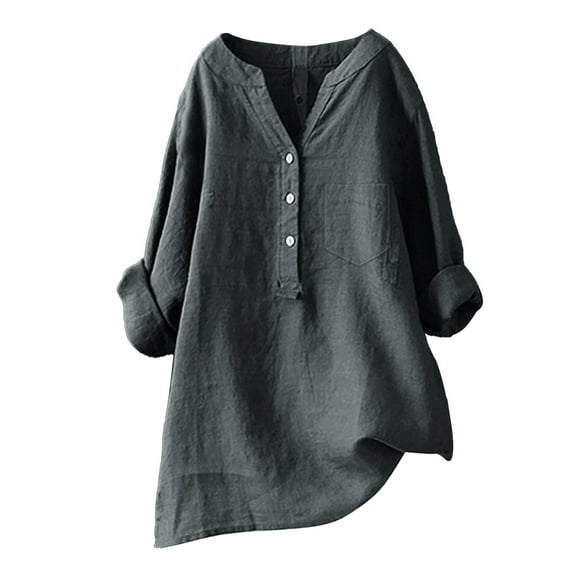 Women Plus Size Shirts Solid Color Stand Up Collar Button Cotton Long Sleeved Shirt Tops, Oversized V Neck T Shirts for Women Gray XL