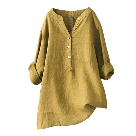 Women Plus Size Shirts Solid Color Stand Up Collar Button Cotton Long Sleeved Shirt Tops, Oversized V Neck T Shirts for Women Yellow XL