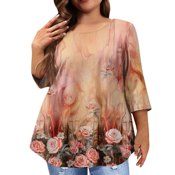 Women Plus Size Shirts Summer 3/4 Length Sleeve 4x-5x Tee Tops Dressy Casual Round Neck Tee Floral Printed Loose Shirts