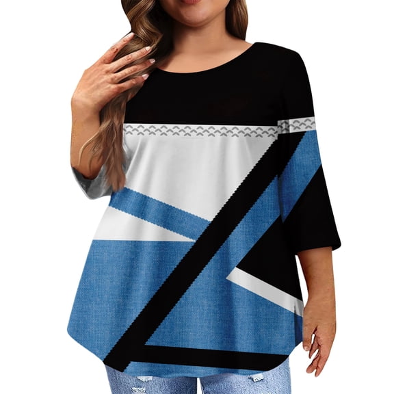 Women Plus Size Shirts Summer Crew Neck Plus Size Tee Tops Casual 3/4 Sleeve Tee Floral Printed Loose Fit Shirts