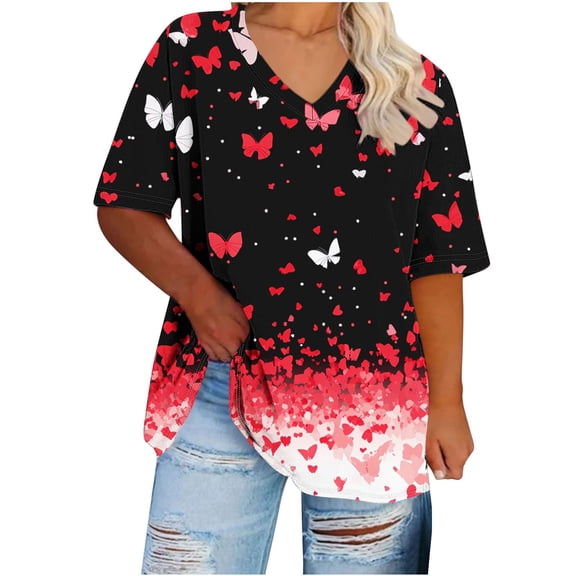 Women Plus Size Shirts Vneck Pullover Tee Short Sleeve Tops Loose Tunic Blouse Casual Summer Outfit
