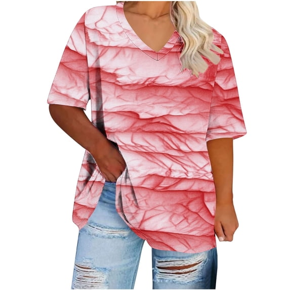 Women Plus Size Shirts Vneck Pullover Tee Short Sleeve Tops Loose Tunic Blouse Casual Summer Outfit
