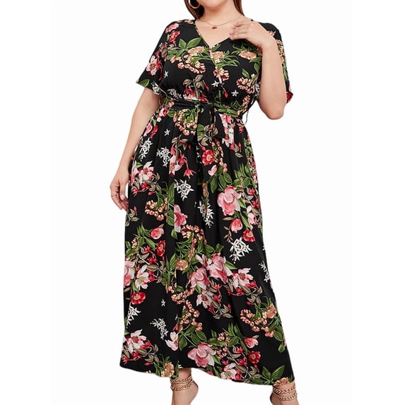 Women Plus Size Short Sleeve Dress Loose Summer Casual A-Line Flowy Midi Dresses Black XL