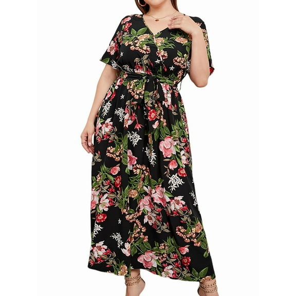 Women Plus Size Short Sleeve Dress Loose Summer Casual A-Line Flowy Midi Dresses Black XXXL