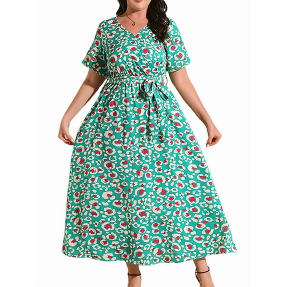 Women Plus Size Short Sleeve Dress Loose Summer Casual A-Line Flowy Midi Dresses Circle Green XL