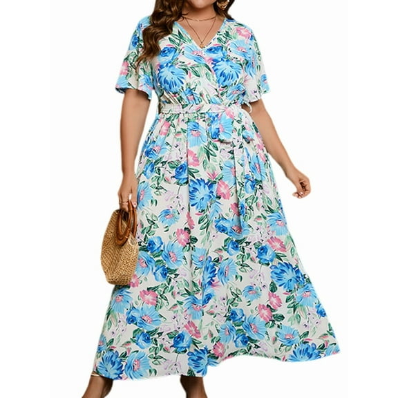 Women Plus Size Short Sleeve Dress Loose Summer Casual A-Line Flowy Midi Dresses Light Blue Flowers 4XL