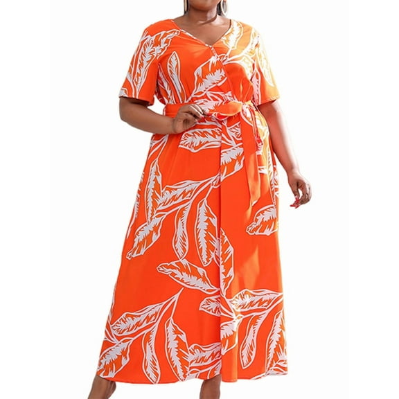 Women Plus Size Short Sleeve Dress Loose Summer Casual A-Line Flowy Midi Dresses Orange XL