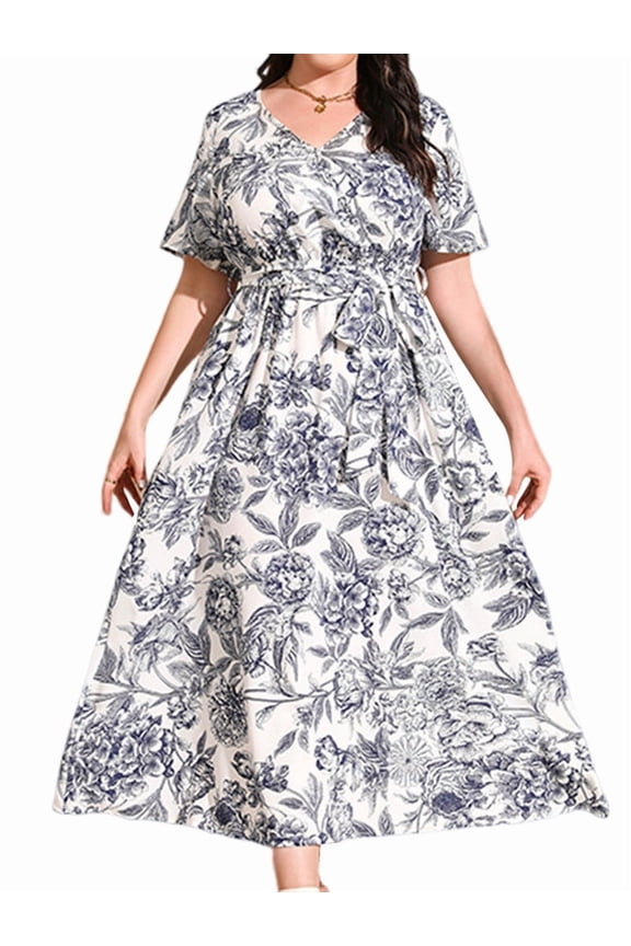 Women Plus Size Short Sleeve Dress Loose Summer Casual A-Line Flowy Midi Dresses White Drawing 4XL