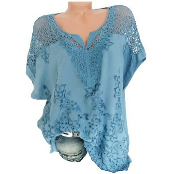 Women Plus Size Short Sleeves V-Neck Hollow Out Solid Casual Blouse Top Pullover Tops Short Sleeve Blouses