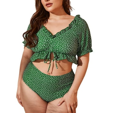 Women Plus Size Shoulder Front Top and High Waist Bottom Swimwear Floral Print Swimsuit Women Bathing Suits Green 4XL