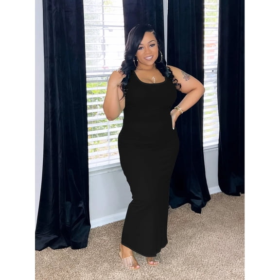 Women Plus Size Sleeveless Bodycon Maxi Dresses Sexy Slim Tank Dresses Black 2XL