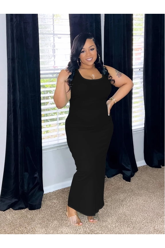 Women Plus Size Sleeveless Bodycon Maxi Dresses Sexy Slim Tank Dresses Black XL